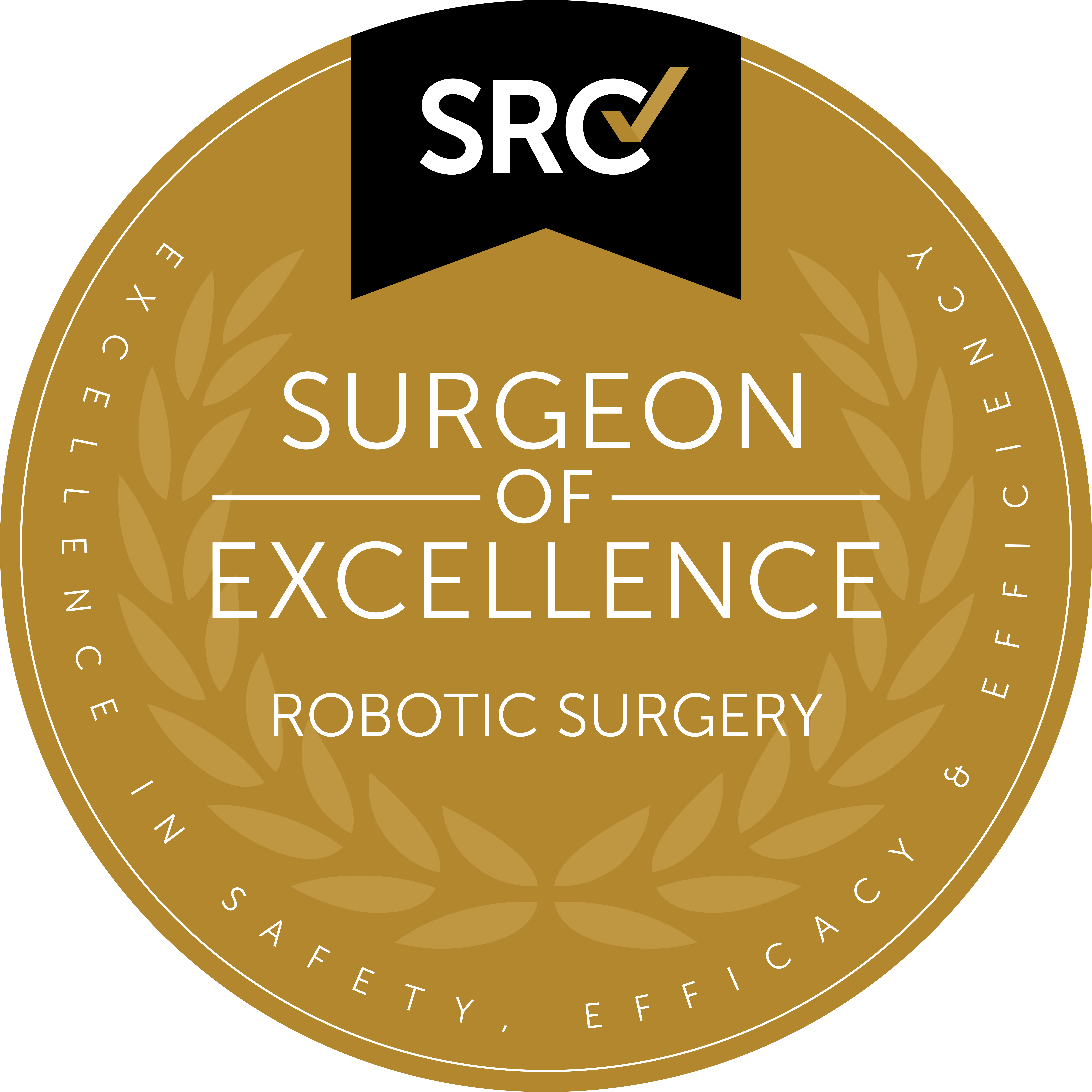 Illustrated badge for Surgeon of Excellence in robotic surgery.
