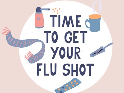 An illustration of a coffee cup, scarf, birth control pills, cleaning spray with text that reads, "Time to get your flu shot." 