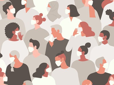 An illustration of a bunch of people wearing face masks.