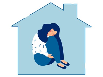 An illustration of a person looking sad within an outline of a house. 