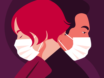 An illustration of a man and a woman wearing face masks. 