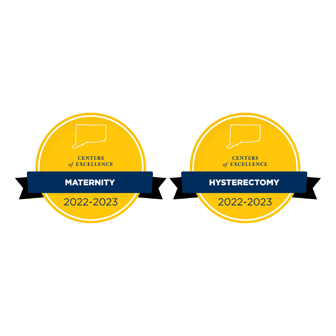 Centers of Excellence Maternity 2022-2023 badge and Centers of Excellence Hysterectomy 2022-2023 badge.