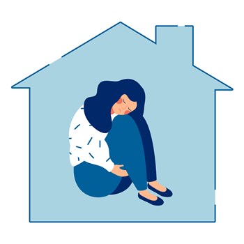 graphic of a woman inside a house graphic looking depressed